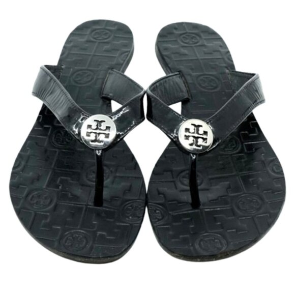 TORY BURCH~Thora~BLACK PATENT LEATHER SANDALS FLIP FLOP WOMENS SHOES Size 8 - Picture 2 of 7